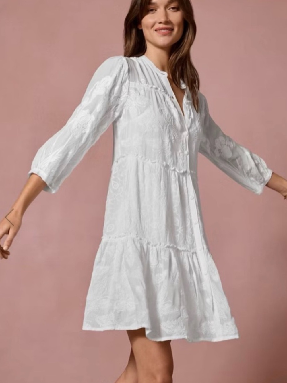 Johnny Was Kimberlee White Embroidered Long Sleeve Tiered Dress xxl NWT